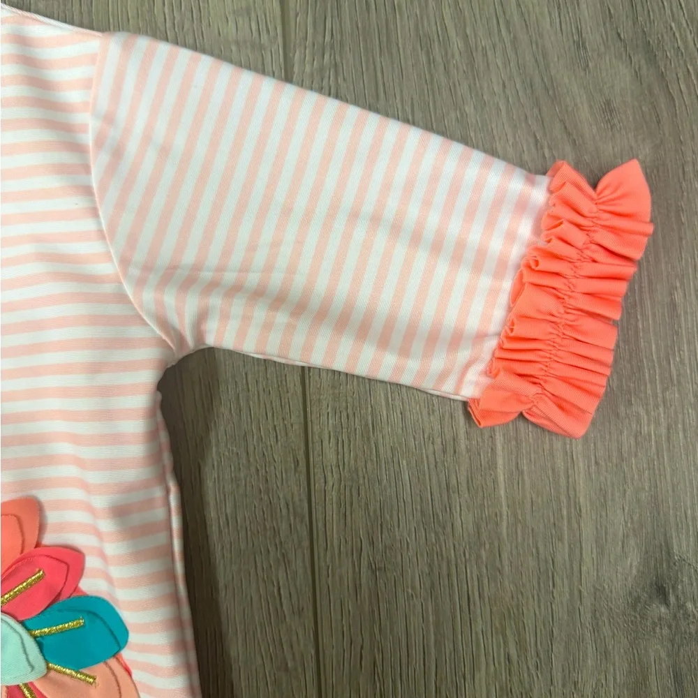 Mud Pie Adorable Baby Swimsuit, 3-6 months, Flamingo design with stripes ruffles